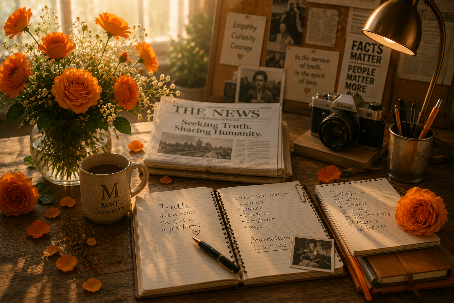Journalism notebook and camera