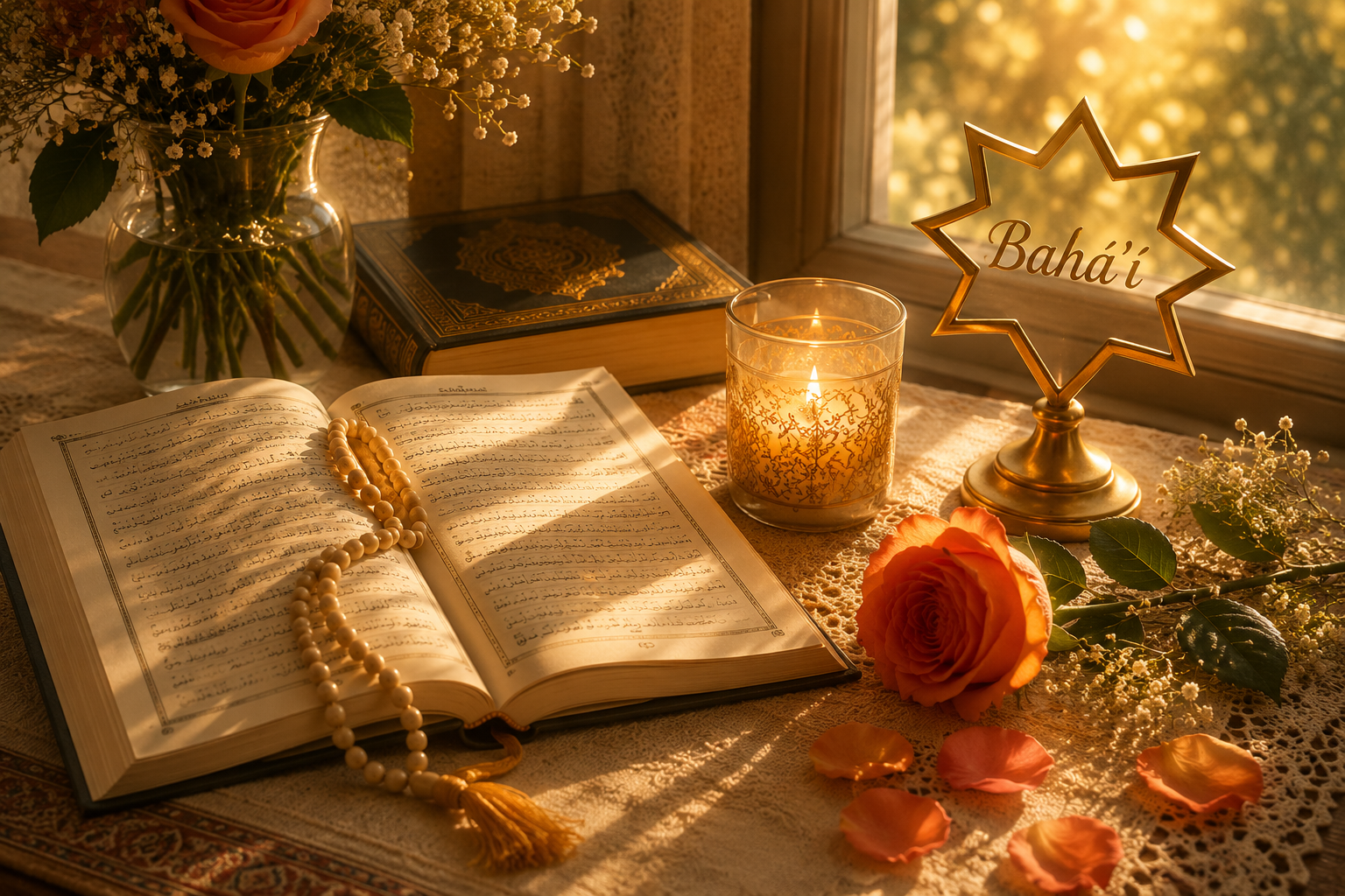 Prayer, candlelight, and orange rose in morning light