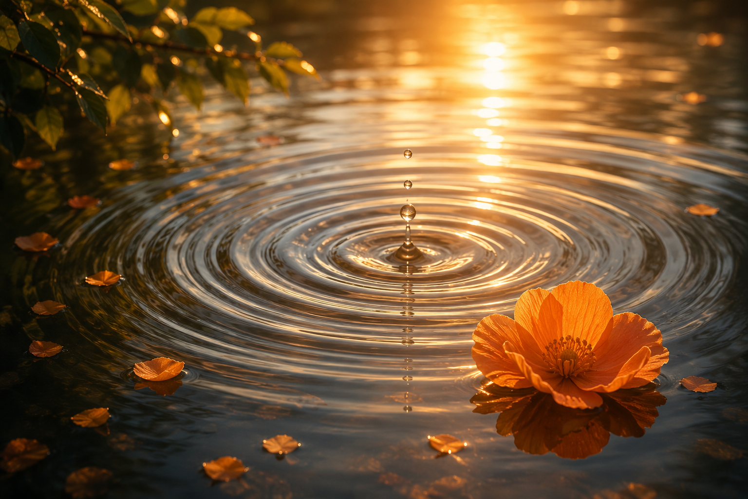 Golden ripples of light on water with orange flower