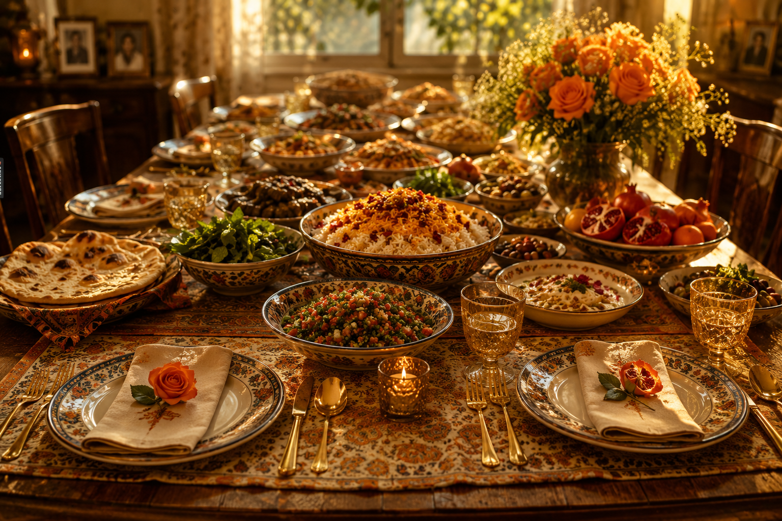 A generous table set with Persian-inspired food